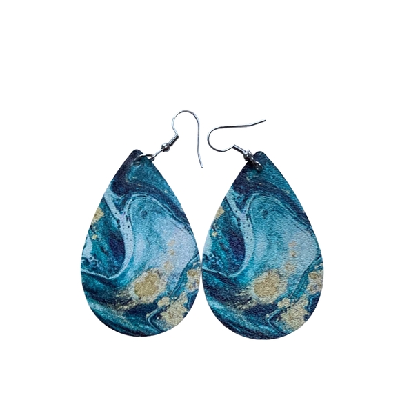 BNWT Aquamarine Sea Marbling Earrings with a Splash of Gold PU Leather Teardrop - Picture 4 of 11